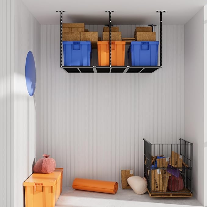 3x6ft Overhead Garage Storage Rack,Adjustable Ceiling Mounted Storage Racks,Heavy Duty Cold Rolled Steel Storage Rack,Ceiling Mount Storage Shelves,750LBS Weight Capacity,for Shop Shed Home (Black)