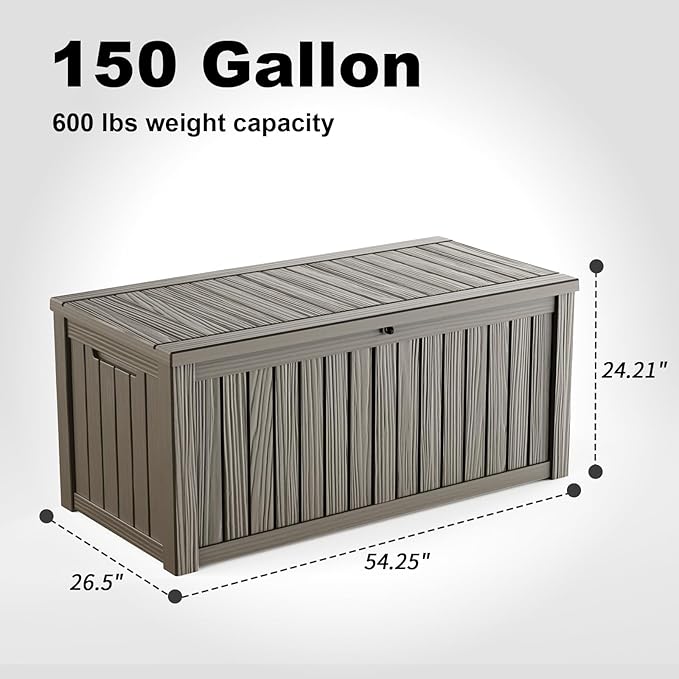 150 Gallon Outdoor Waterproof Resin Storage Deck Box Lockable Outside Bench UV Resistant Bin Patio Porch Furniture Pool Float Garden Tool Cushion Grey