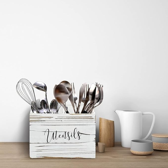Utensil Holder with 2 Compartments, Utensil Caddy for Kitchen Counter, and Storage for Silverware Fork Spoon Spatula (White)