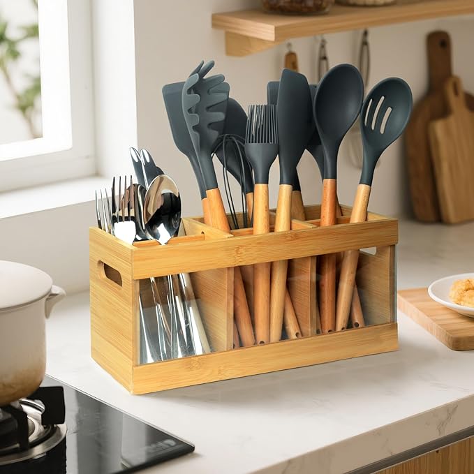 Kitchen Utensil Holder for Counter Extra Large Bamboo Wooden Utensil Organizer with 6 Compartments Cooking Utensil Holder Storage for Silverware Spoons Farmhouse Kitchen Decor (Absorbing Drying Stone)