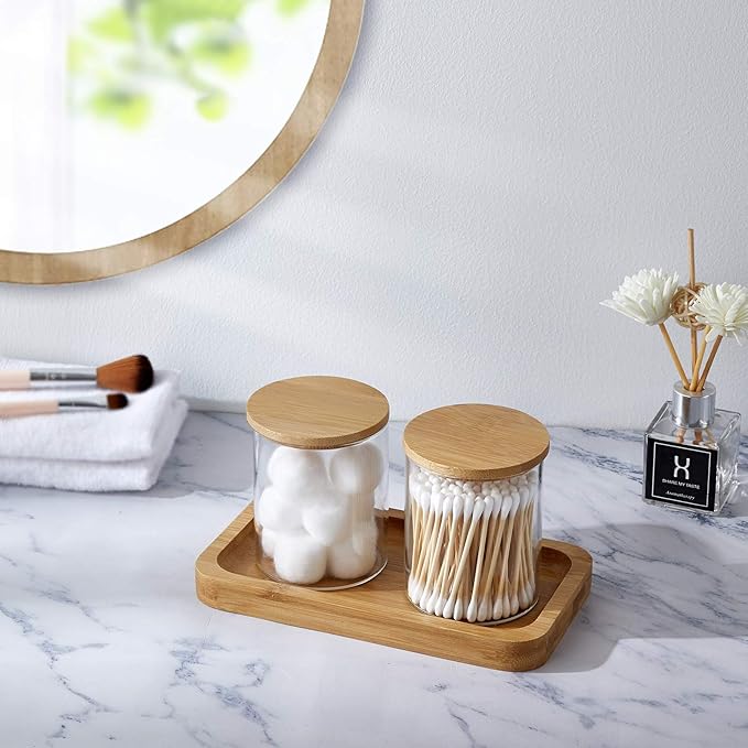 Qtip Holder with Bamboo Vanity Tray, Glass Apothecary Jars with Lids, Cotton Ball Swab Pad Rounds Holder Bathroom Canister Jars for Bathroom Restroom Decorations and Organizer