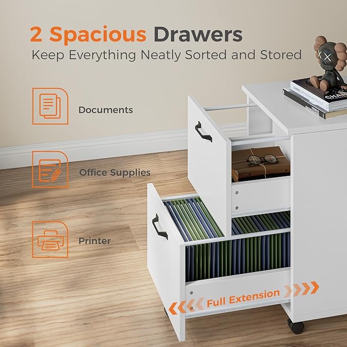 Sweetcrispy 2 Drawer Filing Cabinet White, Rolling Wood File Cabinets with Printer Stand Under Desk Storage Lockable Wheels, Home Office Organizer