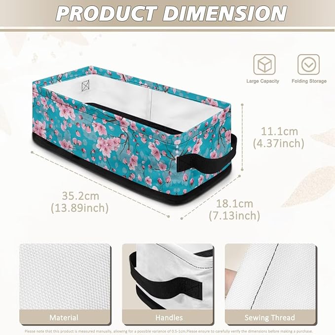 Narrow Storage Baskets Organizer for Toilet Paper Rolls Towels, Fabric Organizer Basket with Handles Collapsible Storage Bin for Bathroom Living Room Office, Pink Peach Blossom Blue