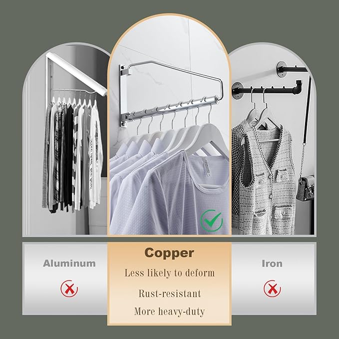 NEWRAIN Laundry Hanger, Wall Mounted Clothes Hanger with Swing Arm Holder Brass Hanging Drying Rack Space Saver,Chrome