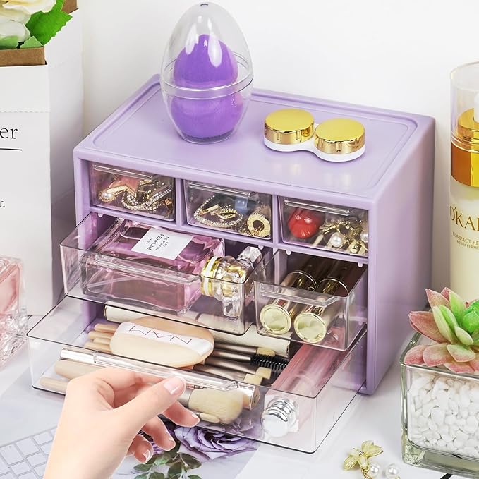 Desk Storage Organizer with 6 Mini Drawers, FODIENS Stackable Desktop Craft Drawer Cabinet, Clear Storage Box Caddy for Makeup Jewelry Office Craft Supplies (Purple)