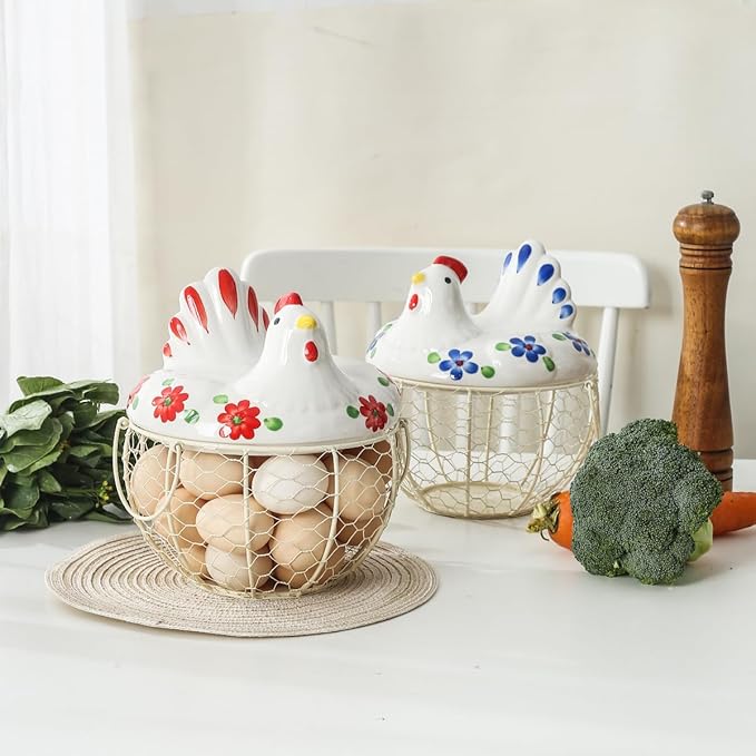 Egg Storage Baskets for Fresh Eggs, Kitchen Countertop Storage Organization Egg Dispenser, Ceramic Chicken Lid with Wire Basket, Holds 20-25 Eggs