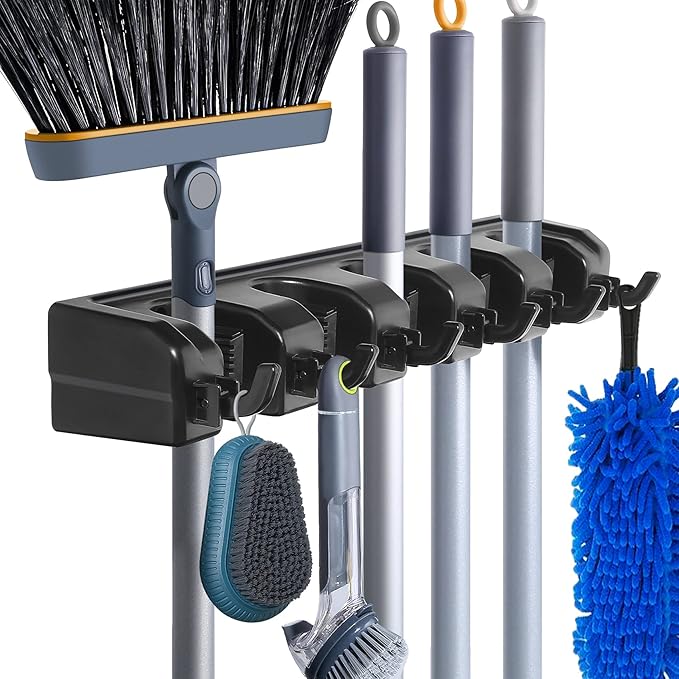 Broom Hanger Wall Mount Broom and Mop Organizer Wall Hanging Garden Tool Organizers Rack Garage Laundry Room Organizations and Storage with Hooks Heavy Duty