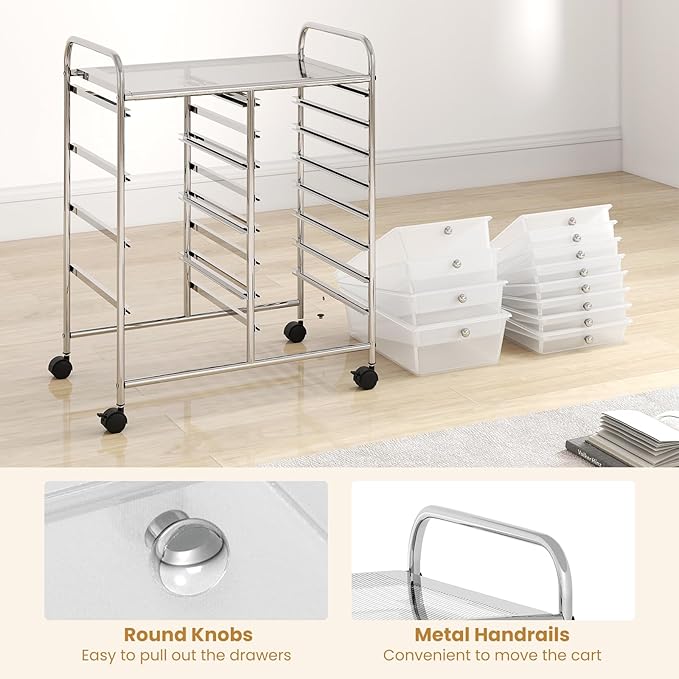 GOFLAME 12-Drawer Rolling Storage Cart, Craft Storage Cart with Removable Drawers & Lockable Wheels, Art Cart Supply Storage Organizer with Metal Frame for Home Office Classroom, Clear
