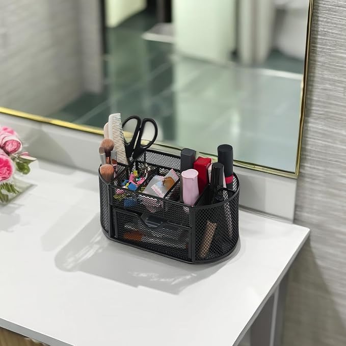 Desk Organizers and Accessories with Pencil Pen Holder Supply 8 Compartments and 1 Pullout Drawer for Home, School, and Office. (Black)