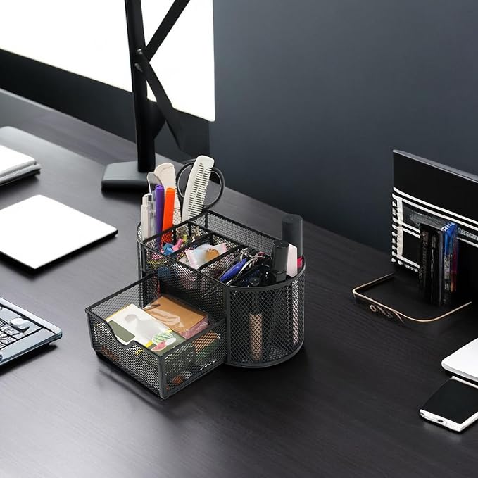 Desk Organizers and Accessories with Pencil Pen Holder Supply 8 Compartments and 1 Pullout Drawer for Home, School, and Office. (Black)