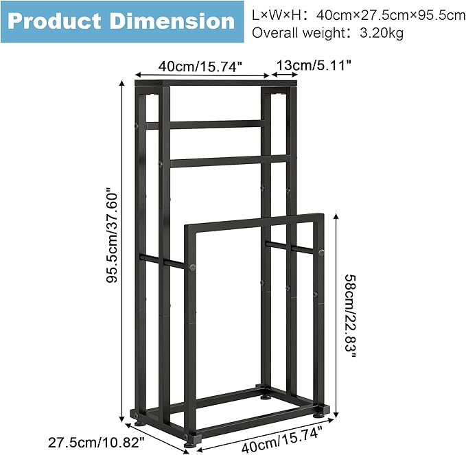Free Standing Towel Rack for Bathroom, 3 Tier Metal Blanket Rack with Shelf, Blanket Drying and Display Rack for Oversized Bath Towels Bathroom Accessories, Next to Tub or Shower, Black