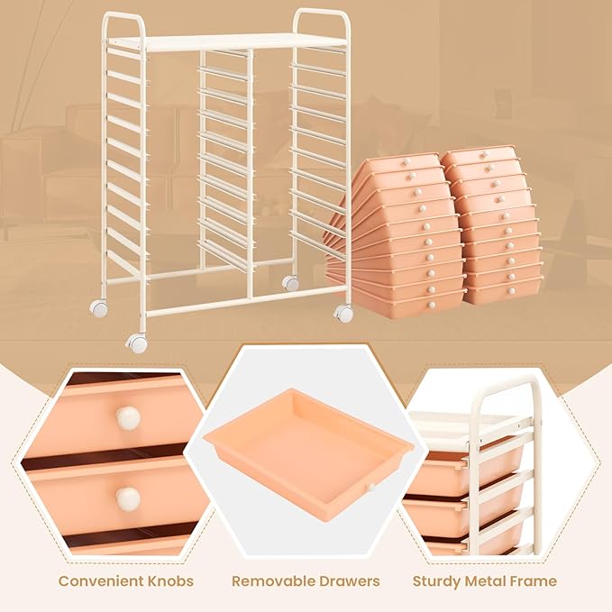 GOFLAME 20-Drawer Rolling Storage Cart, Multifunctional Art Craft Organizer Cart, Mobile Utility Storage Cart with Removable Drawers & Lockable Wheels, Craft Cart for Home Office, Peach Fuzz