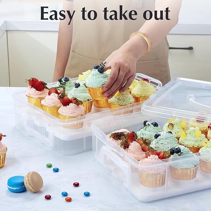 Plastic Cupcake Carrier 24 Count, 2-Layer Cupcake Holder Carries with Lid & Handles, Cookie, Cake, Cupcake and Brownie Storage Carrier, Reusable Cupcake Box