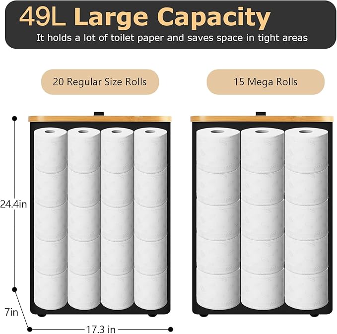 Extra Large Toilet Paper Storage Basket with Lid 49L Slim Toilet Paper Basket Holder Bin Container Organizer for Bathroom Hold up to 20 Regular Rolls or 15 Mega Rolls