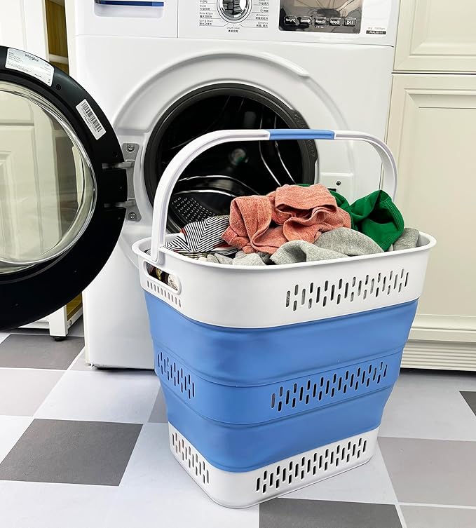 SAMMART 40L (10.5 Gallon) Collapsible Plastic Laundry Basket with Handles - Foldable Pop Up Storage Container/Organizer - Portable Laundry Hamper - Space Saving (2, Quartz Pink+Little Boy Blu)