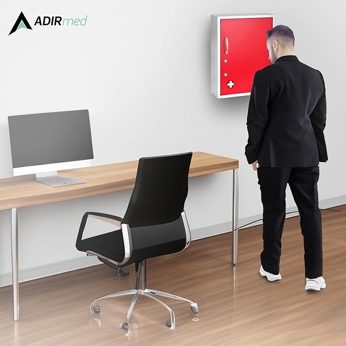 AdirMed Red Locking Medication Cabinet with Document Pocket, Metal Wall Mounted Medication Cabinet with Dual Lock and Dual Keys, 21" H x 16" W x 6" D