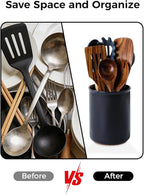 LoeJan Utensil Holder, Extra Large Utensil Crock, Stable Ceramic Utensil Organizer, Cooking Tool Organizer Set for Kitchen Counter Farmhouse Décor, Matte Black