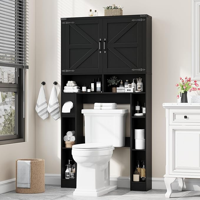 Vabches Over The Toilet Storage Cabinet, Farmhouse Storage Cabinet Over Toilet with 2 Barn Doors ，Toilet Paper Holder Stand，Home Space-Saving Toilet Rack, for Laundry, Restroom, Bathroom.Black.