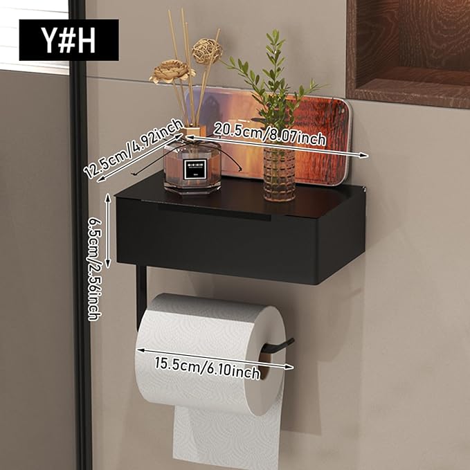 Generic Wall Mount Toilet Paper Holder with Storage Box, Black Metal, Modern Style, 8.07x4.92x2.56 Inch Bathroom Organizer