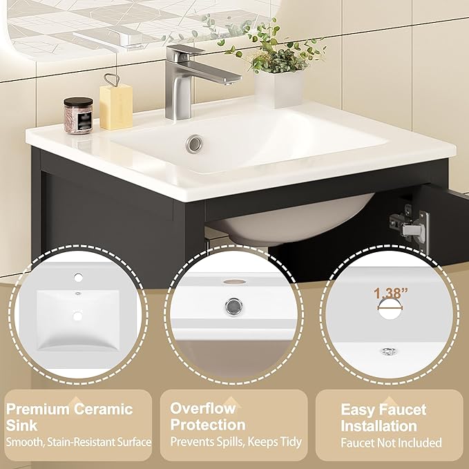 20" Small Bathroom Vanity with Sink, Soft-Close Drawer and Door, Wood Modern Single Bathroom Sink Cabinet with Doors and Shelves, Adjustable Foot Pads, for Small Space (Black)