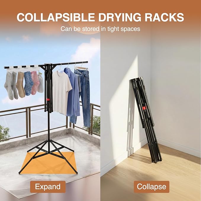 4-Leg Clothes Drying Rack with 6 Adjustable Poles, 20 Windproof Hooks and 2 Sock Clips Foldable Laundry Drying Rack, Space-Saving Indoor/Outdoor Clothes No-Installation Drying Stand, Black