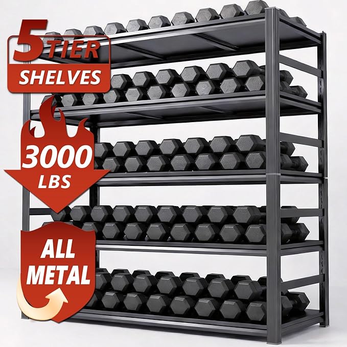 Metal Garage Shelving Unit, Heavy Duty Steel Storage Shelves, 3000 lbs Capacity, Adjustable 5-Tier Metal Shelf, Ideal for Garage, Warehouse, or Home Organization (with fence 47.24" W x 18" D x 78" H)