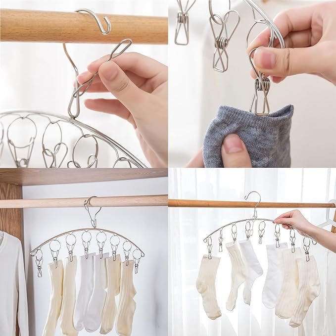 Stainless Steel Laundry Drying Rack Clothes Hanger with Windproof Hook,Underwear Hanger,Clothes Hangers with 8 Clips for Drying Socks,Diapers,Baby Clothes(2 Pack)