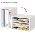 Ballucci 5 Tier Paper Organizer Letter Tray, Wood Desk File Organizer with Adjustable Shelves, Home Office School Letter/A4 Mail Sorter Magazine Holder - White