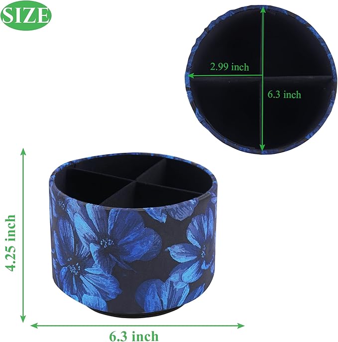 QIELIZI Round Leather Art Supply Organizer,Remote Control Holder,360 Degree Rotating,Multi-Functional Pencil Holder,4 Compartments Desktop Stationary Organizer(1-Dahlia Dark Blue)