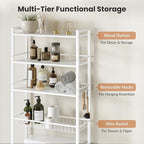 Over The Toilet Storage Rack, Bathroom Organizer with 3 Shelves & Basket, Space Saver Over Toilet Shelf with Adjustable Hooks, White