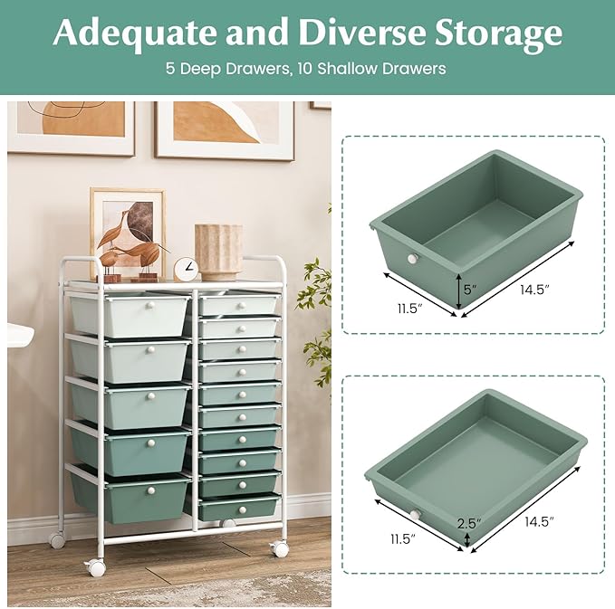 RELAX4LIFE 15-Drawer Storage Drawer Carts - Mobile Rolling Utility Cart w/Wheels, Craft Organizer for Classroom Organization and Storage, School, Office, Home, Storage Organizer Cart (Gradient Green)
