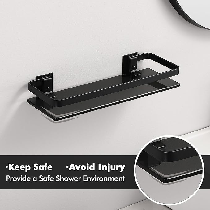 KES Black Glass Shelf for Bathroom, Glass Wall Shelf Extra Thick Tempered Glass shelfs Rectangular 2 Pack, Wall Mounted, BGS4126A-BK-P2