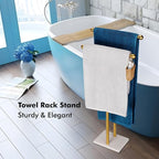 Standing Towel Rack Double-T Shape Tall Bath Towel Sheet Holder with Marble Design Base for Bathroom 2 Tier Towel Holder Stand Stainless Steel (Brushed Gold)