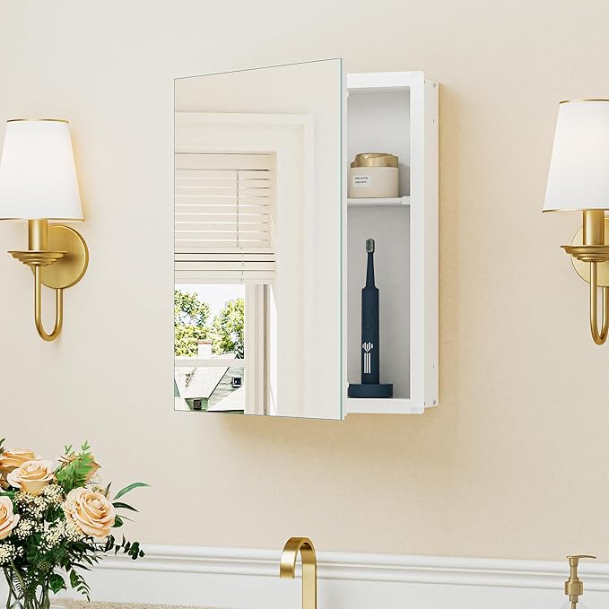 Keonjinn White Medicine Cabinet 14 x 18 Inch, Assembly Required, Medicine Cabinet Mirror for Compact Bathroom, One Shelf Only, Free Adjustable Shelves, Wall Mount or Recessed, Tempered Glass
