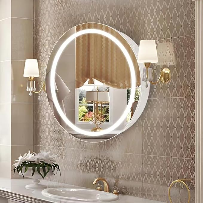 26inch Round Medicine Cabinet with Lights,Led Medicine Cabinet with Demister,Illuminated Bathroom Mirror Cabinet,Dimmable,Anti-Fog,3 Color Temperature,White