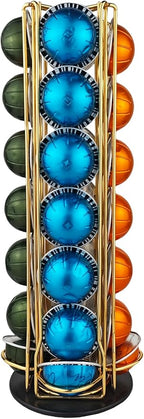 Miuly Coffee Capsule Holder For Nespresso Vertuoline, Coffee Capsule Stands Rotating Pod Rack holds for Nespresso Vertuo Pods (Gold, 28 Pods)
