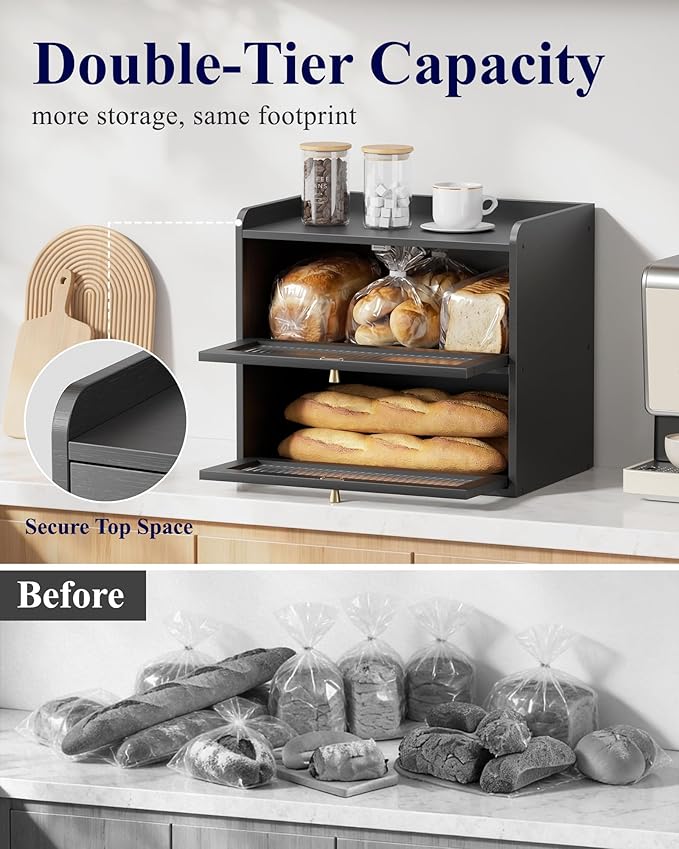 Kitsure Bread Box - 2-Tier Bamboo Bread Box for Kitchen Countertop, Bread Storage Container with Magnetic Acrylic Door, Pantry Organizers and Storage for Loaves, 15" x 9.8" x 13.2", Black
