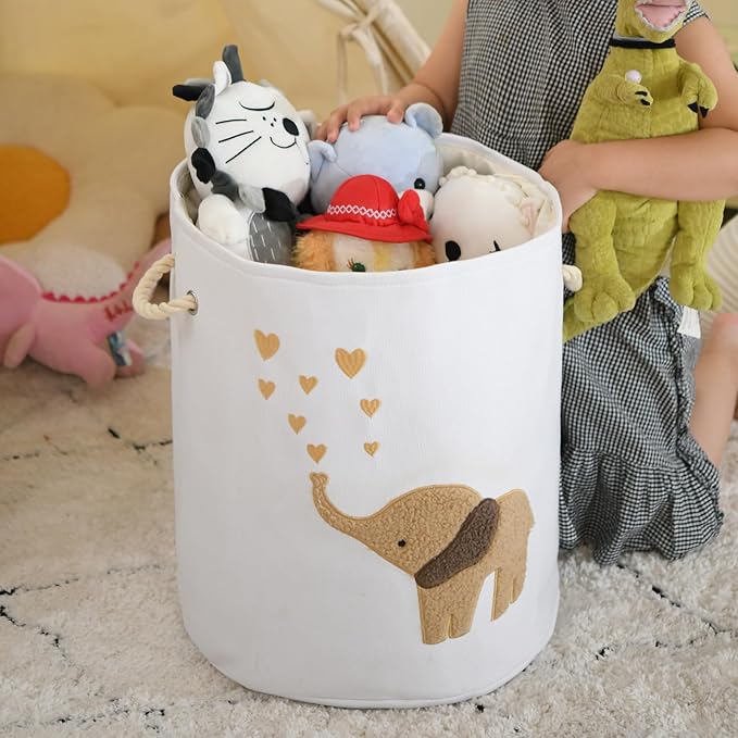 INough Baby Laundry Basket Laundry Hamper, Canvas 58L XL Baby Clothes Basket, Collapsible Brown Laundry Basket for Nursery Toy Baskets with Drawstring Closure, KidsRoom Decor for Boys