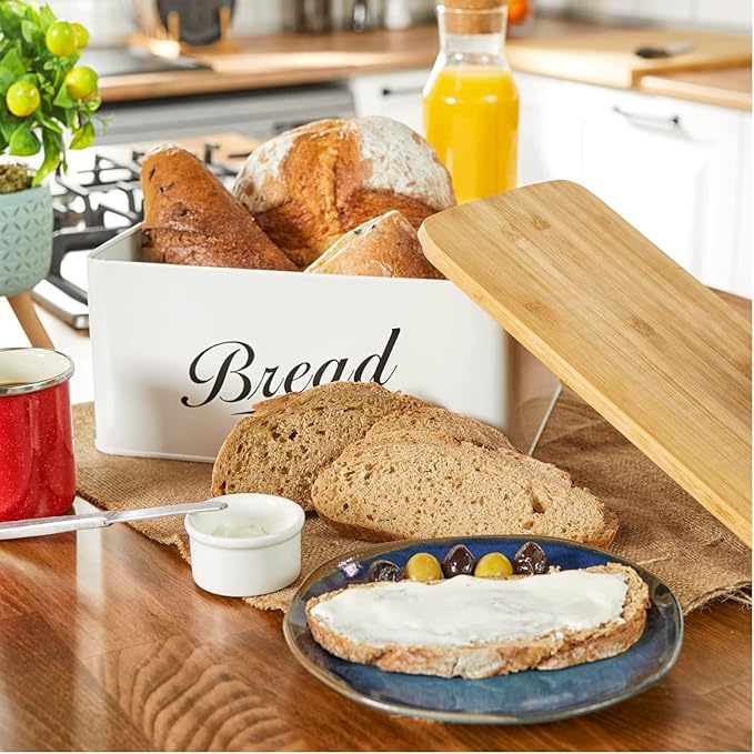 RoyalHouse Modern Metal Bread Box with Bamboo Cutting Board Lid, (Pack of 2) Total 2 Bread Box, Bread Storage Container for Kitchen Counter, Vintage Kitchen Decor Organizer