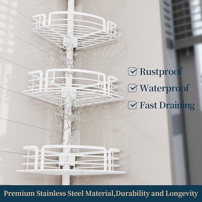 Consumest Shower Caddy Tension Pole - Adjustable Corner Shower Organizer with Soap Holder, Bath Shelves for Bathroom Storage, 27.6-108.3 inch, White