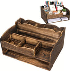 Wood Desk Organizer with File Organizer, Vintage Pen Pencil Holder with 9 Compartments, Rustic Makeup Storage Display Case Countertop, Art Supplies Organizers for Home Office