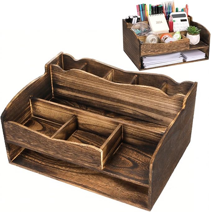 Wood Desk Organizer with File Organizer, Vintage Pen Pencil Holder with 9 Compartments, Rustic Makeup Storage Display Case Countertop, Art Supplies Organizers for Home Office