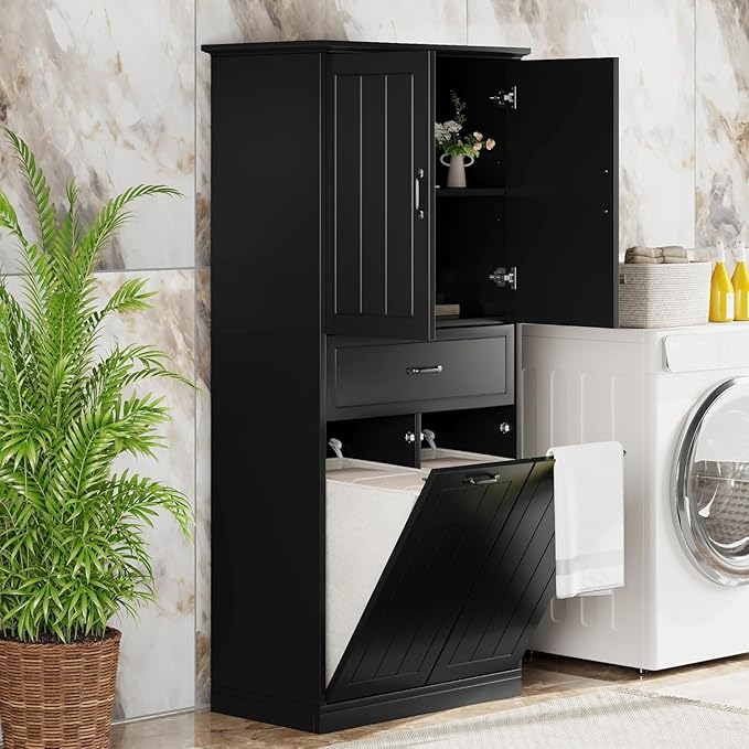 Tall Tilt Out Laundry Cabinet with 2 Tilt Out Laundry Hamper, Wood Bathroom Storage Cabinet with Doors,Drawers and Adjustable Shelves Freestanding (Black)