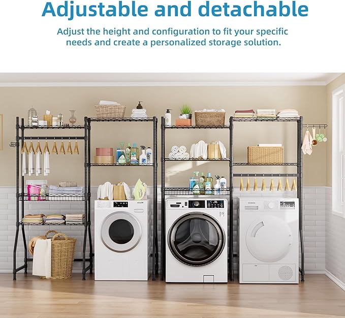 Over Washer and Dryer Shelves,Heavy Duty Laundry Room Storage Organization Clothes Drying Rack,5 Tier Adjustable Height Wire Shelving and Wire Basket with Hanger Rod&Hook,Space Saving Shelf | Heavy Duty, Clothes Drying Rack, Adjustable Height, Hanger R...
