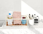 Metal Wire Storage Basket, Toilet Paper Roll Holder Wood Base Countertop Decor Box Toilet Tank Shelf Cabinet Organizer for Bathroom Pantry Garage Bedroom Livingroom (Cream White (2 Pack))
