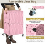 Chrislley 90L Slim Laundry Hamper with Wheels, Rolling Laundry Basket with Lid and Renovable Liner Bag, Handwoven Rattan Organizer for bedroom, bathroom, laundry room (Pink)