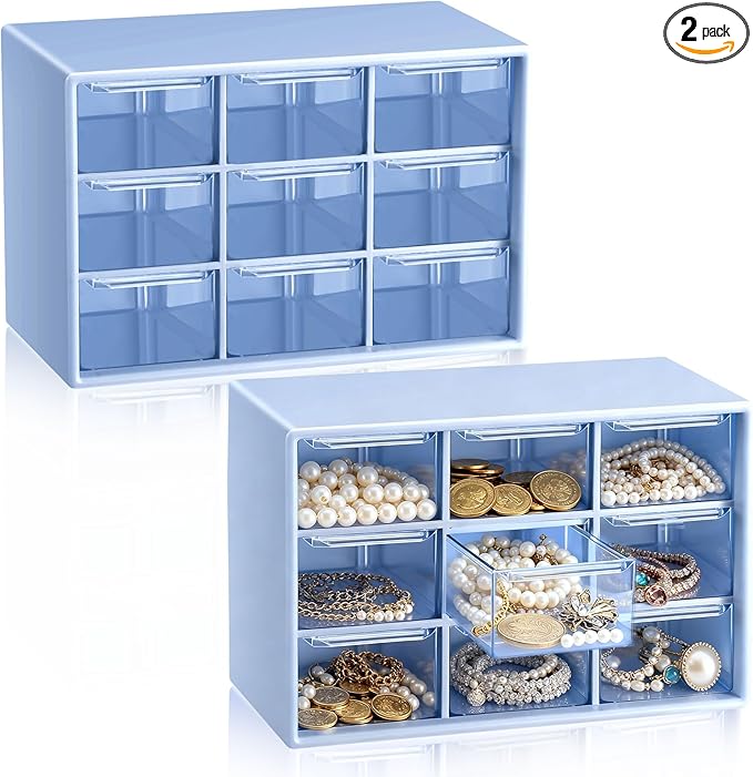 Wenqik 2 Pcs Mini Storage Drawers Teacher Toolbox Organizer with 9 Clear Drawers Small Plastic Desktop Teacher Desk Craft Organizer for Classroom Office 7" x 3. 9" x 4. 7"(Blue)