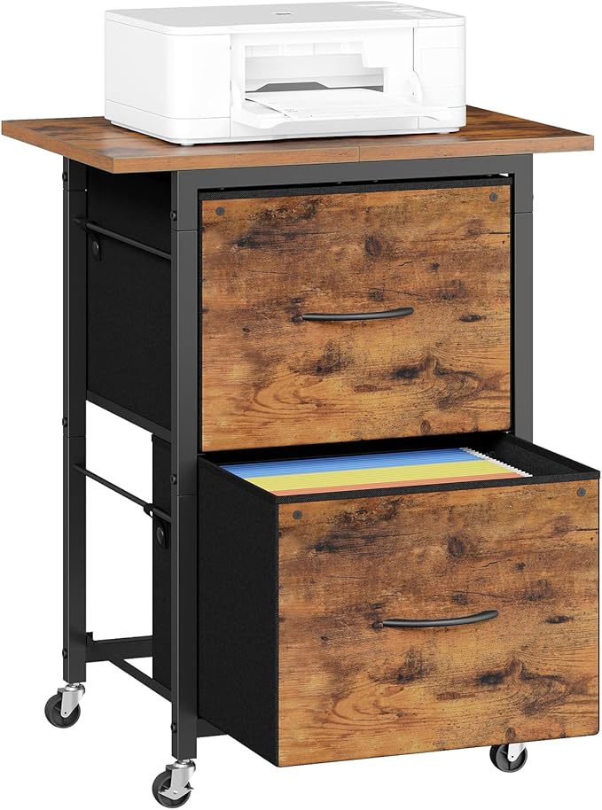 2 Drawer File Cabinet, Vertical Filing Cabinet with Wheels, Printer Stand with Non-Woven Fabric Drawer, Adjustable Hanging Rods, fits A4/Letter Size, for Home Office, Rustic Brown FCHR5801