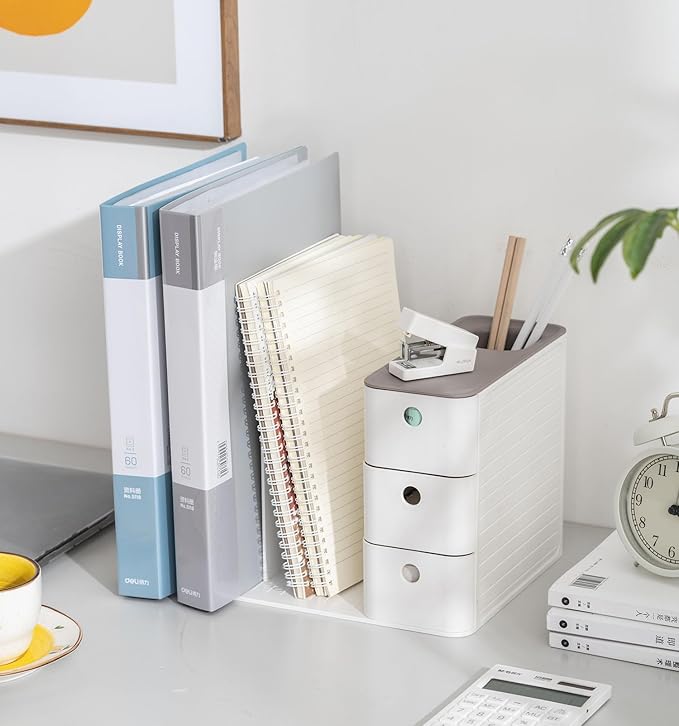White Plastic Desktop Organizer with File Holder,3-tier Drawers with Pen Holder,Book Stand for Office Supplies and Desk Accessories (White+Blue)