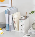 White Plastic Desktop Organizer with File Holder,3-tier Drawers with Pen Holder,Book Stand for Office Supplies and Desk Accessories (White+Blue)